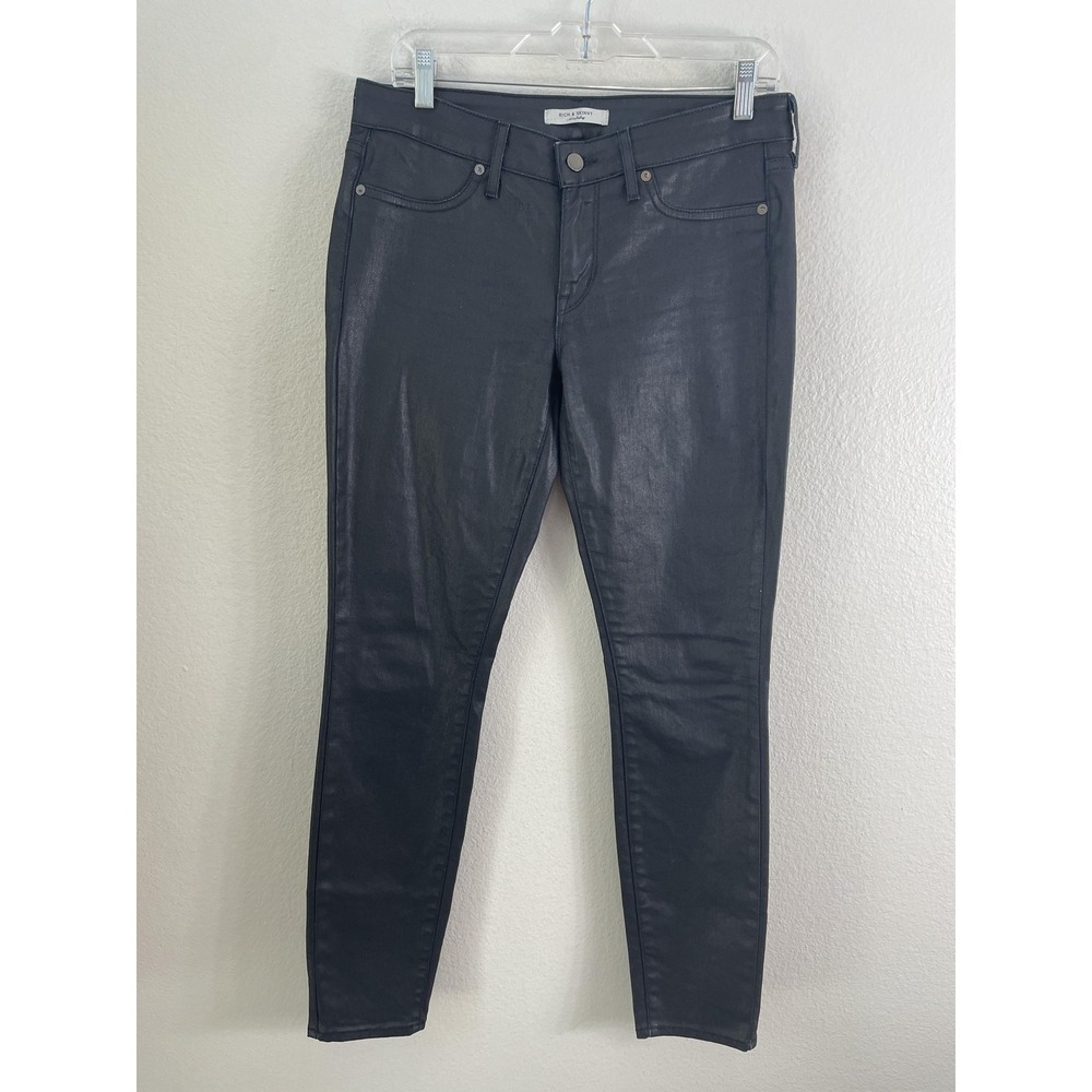 Rich & Skinny Jeans Womens 29 Black Mid Rise Skinny Stretch Coated Made USA